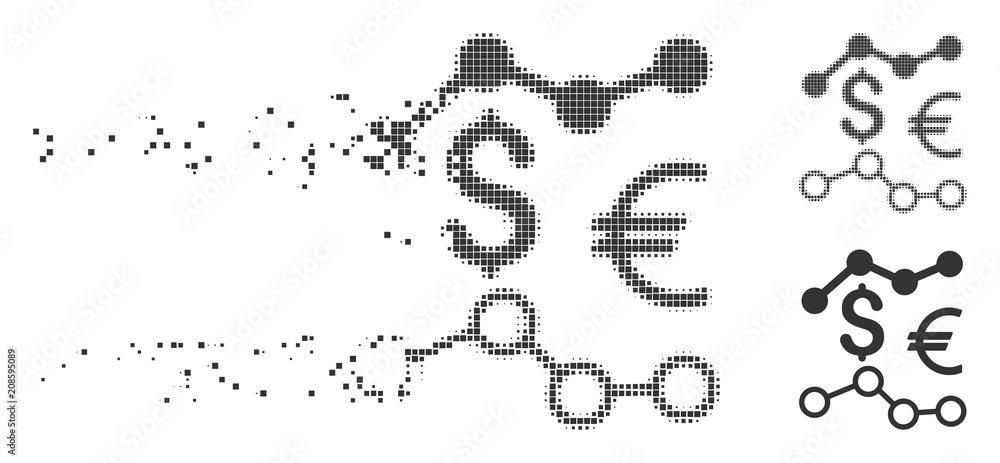 Poster grey vector currency charts icon in dispersed, pixelated halftone and undamaged solid variants. disa