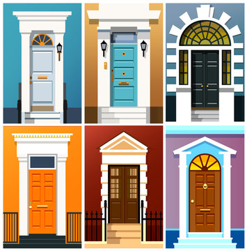 Entrance doors. A set of entrance doors. A set of entrance doors in a flat style. Set of colorful front doors for homes and buildings. Vector illustration Eps10 file