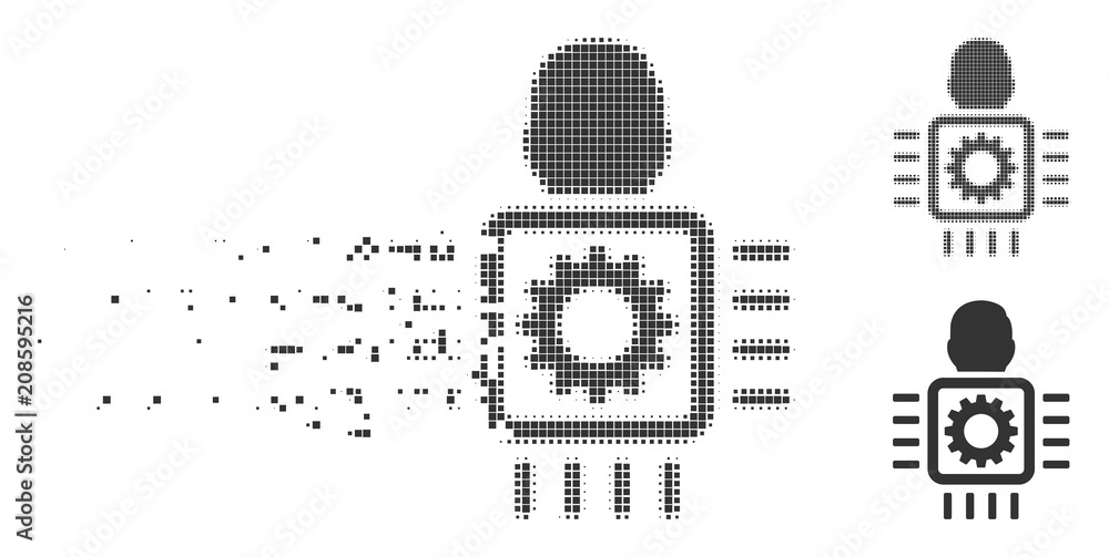 Poster grey vector cyborg processor icon in dispersed, pixelated halftone and undamaged whole variants. dis