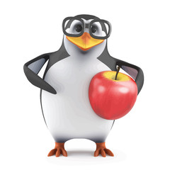Vector 3d Academic penguin loves apples