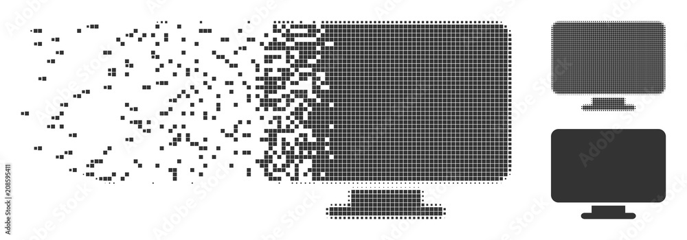 Poster grey vector desktop icon in fractured, pixelated halftone and undamaged whole versions. disappearing