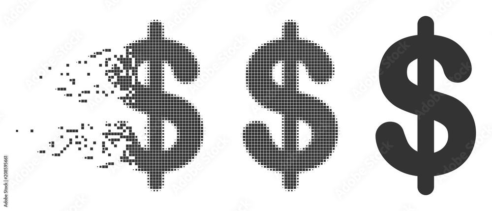 Poster grey vector dollar icon in dispersed, dotted halftone and undamaged solid versions. disappearing eff