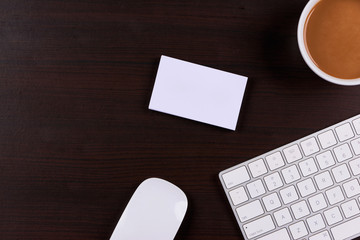 Working place, wooden table. Top view office corporate design mockup template