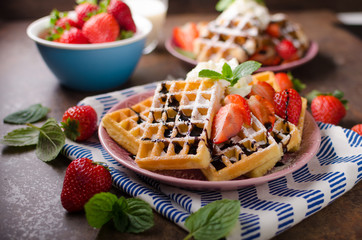 Waffles with berries, strawberries