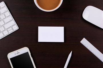 Working place, wooden table. Top view office corporate design mockup template