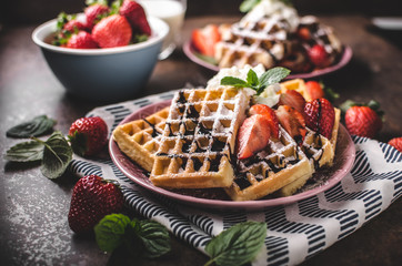 Waffles with berries, strawberries - obrazy, fototapety, plakaty