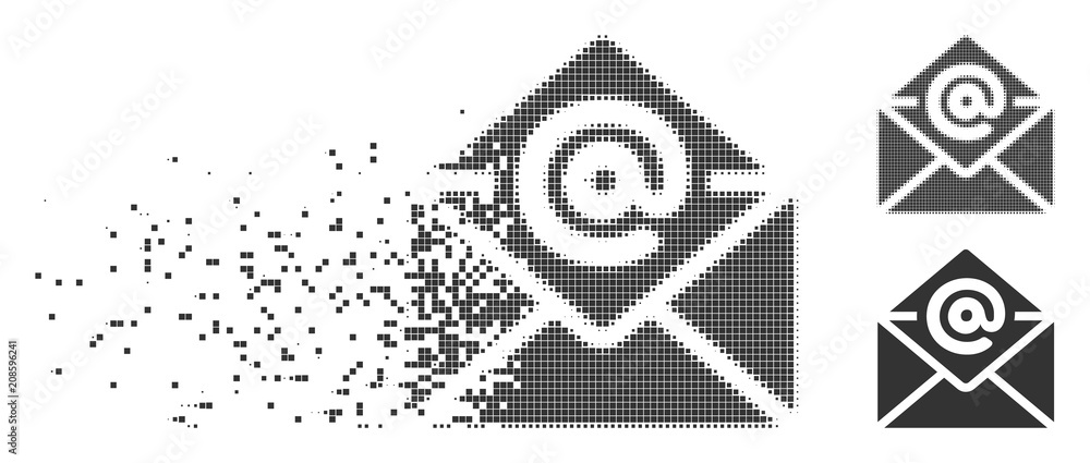 Poster grey vector email icon in fractured, pixelated halftone and undamaged whole versions. disappearing e