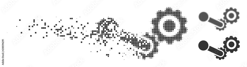 Poster grey vector engine icon in dissolved, pixelated halftone and undamaged whole versions. disappearing 