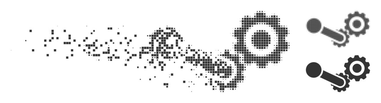 Grey vector engine icon in dissolved, pixelated halftone and undamaged whole versions. Disappearing effect uses rectangular dots. Pieces are composed into dispersed engine icon.