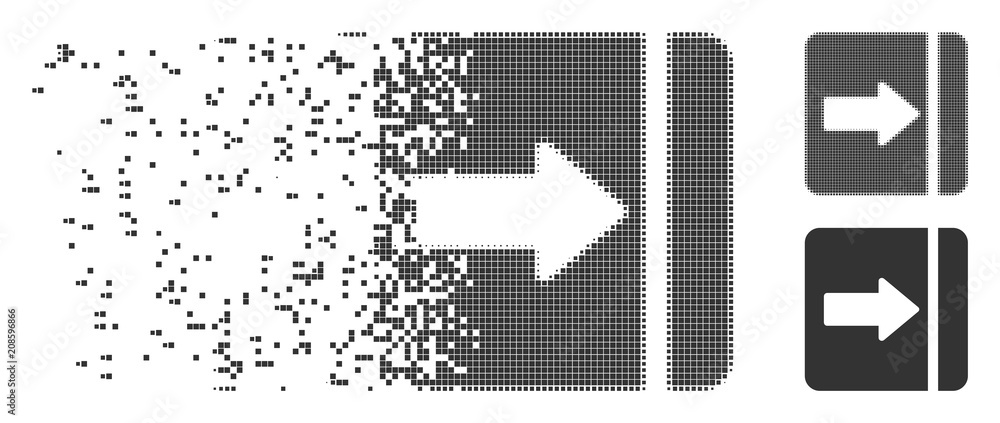 Poster Grey vector expand menu right icon in dispersed, pixelated halftone and undamaged whole versions. Disintegration effect uses square dots.