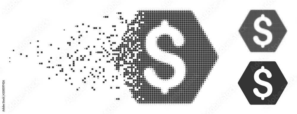 Poster grey vector finance icon in dispersed, dotted halftone and undamaged entire versions. disappearing e