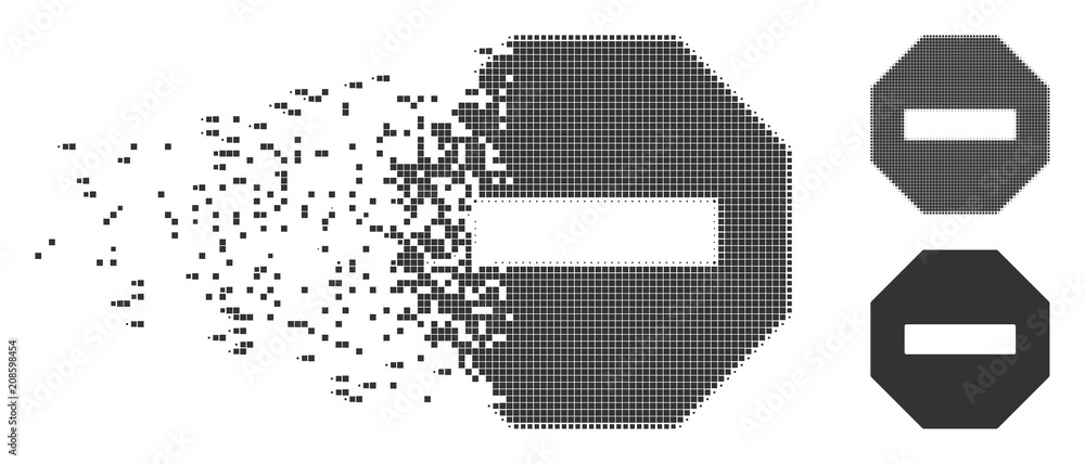 Poster gray vector forbidden octagon icon in dispersed, dotted halftone and undamaged solid versions. disin