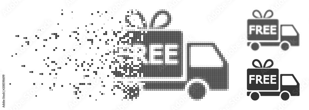 Poster Gray vector free delivery icon in fractured, pixelated halftone and undamaged solid variants. Disappearing effect involves rectangle particles.