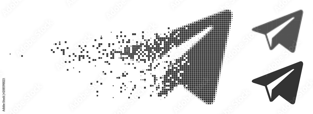 Poster grey vector freelance paper plane icon in fractured, dotted halftone and undamaged solid variants. d