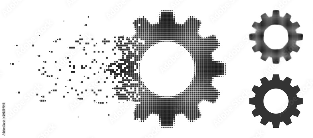 Poster grey vector gear icon in fractured, dotted halftone and undamaged solid versions. disintegration eff