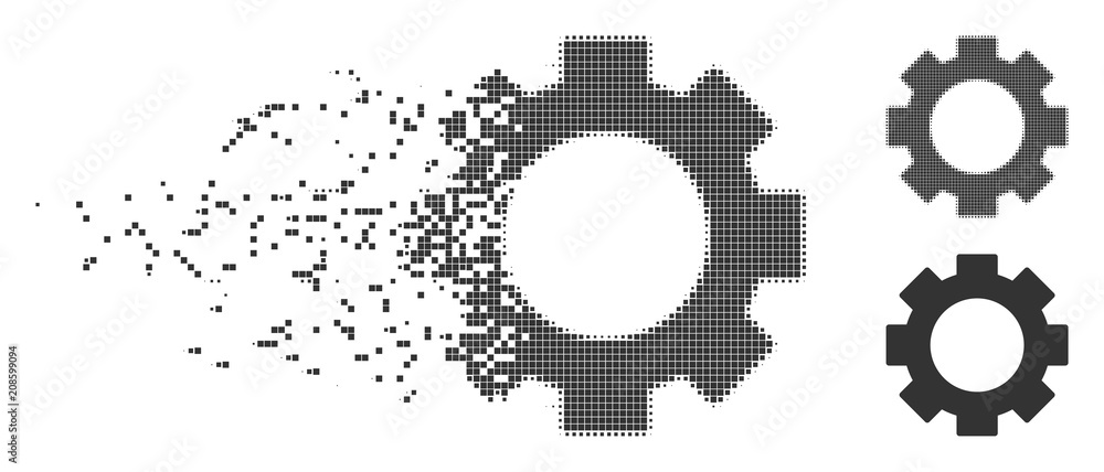 Poster grey vector gear icon in fractured, dotted halftone and undamaged whole versions. disintegration eff