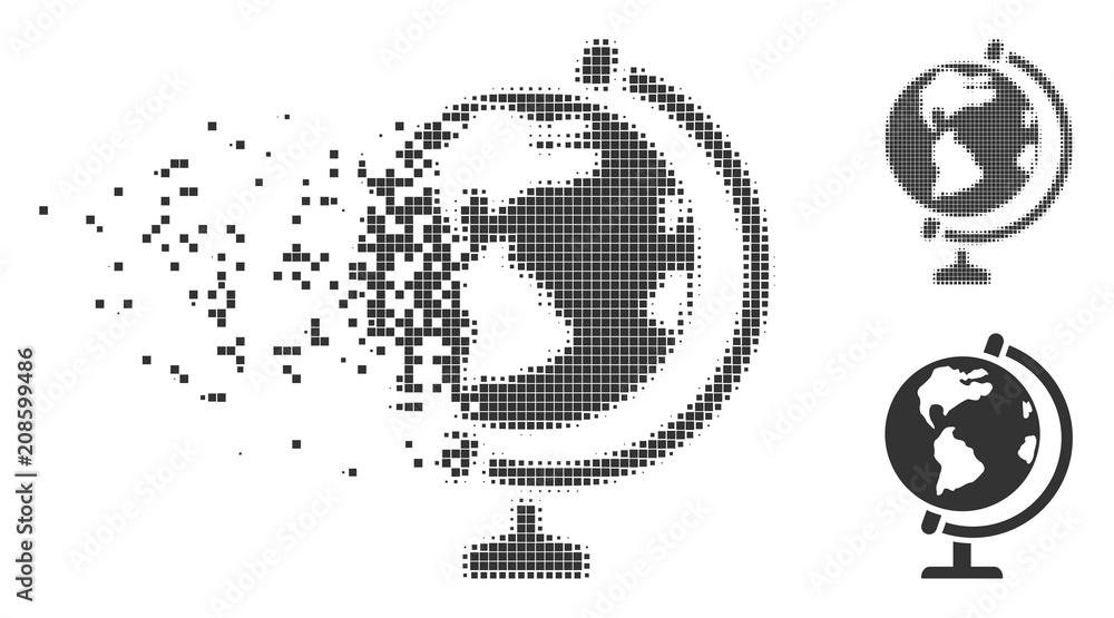 Fototapete grey vector globe icon in fractured, pixelated halftone and undamaged entire versions. disintegratio