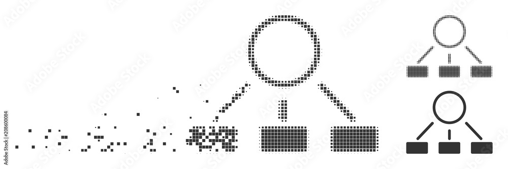 Poster gray vector hierarchy icon in fractured, dotted halftone and undamaged solid versions. disintegratio