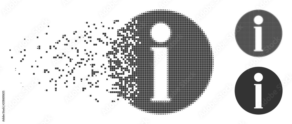 Poster gray vector info icon in dissolved, dotted halftone and undamaged whole variants. disappearing effec