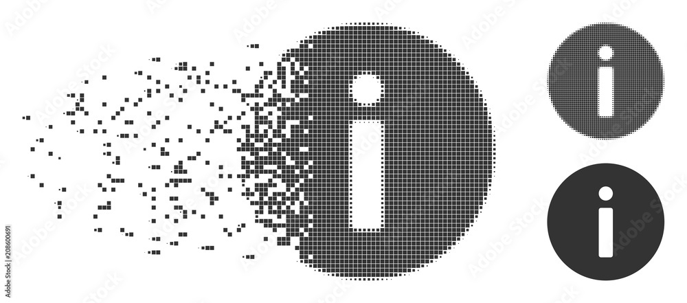 Poster gray vector info icon in fractured, pixelated halftone and undamaged solid variants. disintegration 