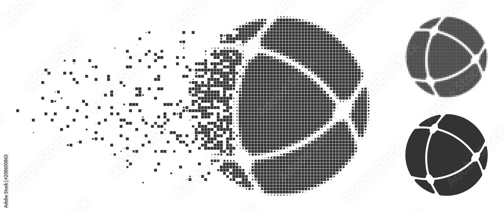 Poster gray vector internet sphere icon in dissolved, pixelated halftone and undamaged entire variants. dis