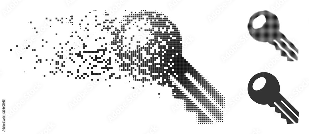 Poster gray vector key icon in dissolved, pixelated halftone and undamaged entire variants. disintegration 