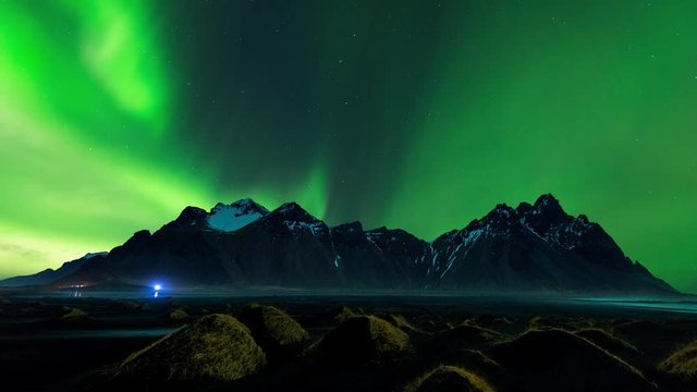 Time lapse northern Lights (Aurora borealis) at Vestrahorn mountains in Iceland.