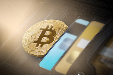 Gold bitcoin, bank card, in a dark purse, the concept of electronic money