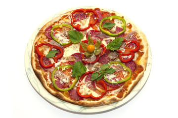 Pizza with tomatoes and bell pepper sausage and egg on a plate