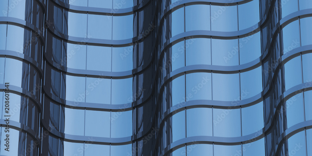 Poster 3d stimulate of high rise curve glass building and dark steel window system on blue clear sky backgr