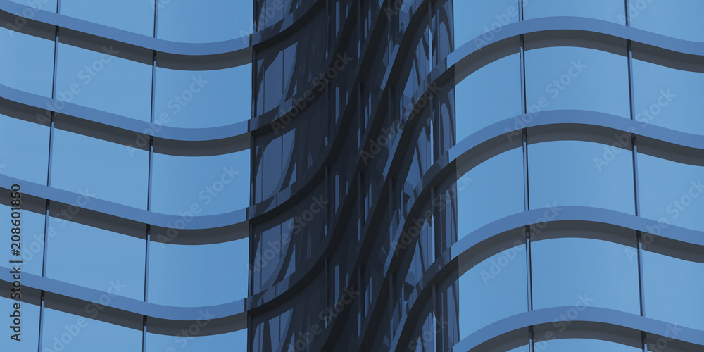 Poster 3d stimulate of high rise curve glass building and dark steel window system on blue clear sky backgr