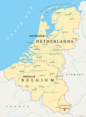 Benelux. Belgium, Netherlands and Luxembourg. Political map with capitals, borders and important cities. Benelux Union, a geographic, economic, cultural group. English labeling. Illustration. Vector. - obrazy, fototapety, plakaty
