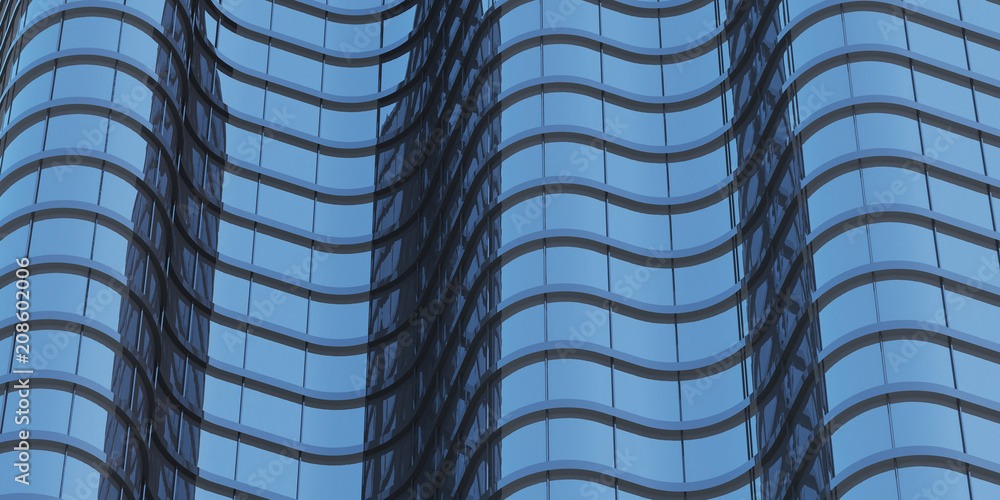 Aufkleber 3d stimulate of high rise curve glass building and dark steel window system on blue clear sky backgr