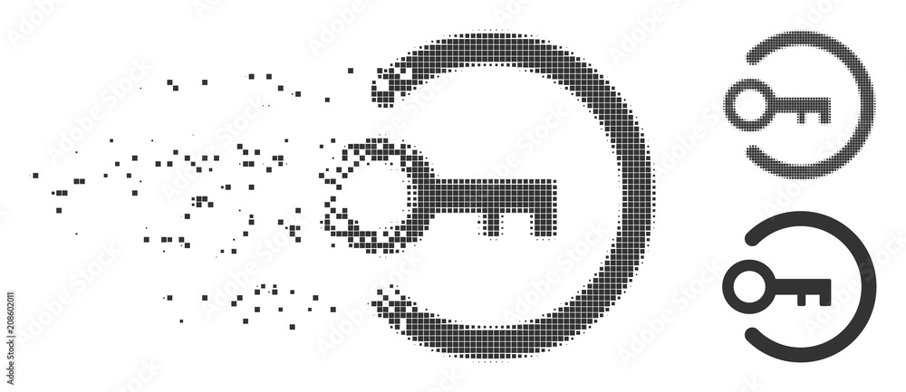 Poster grey vector login key icon in dissolved, pixelated halftone and undamaged entire versions. disintegr