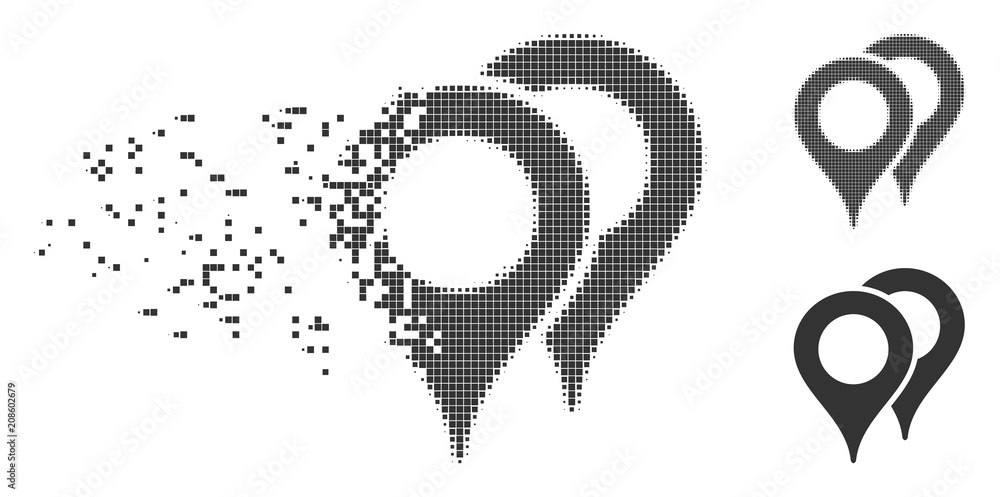 Poster gray vector map pointers icon in dissolved, pixelated halftone and undamaged entire versions. disapp