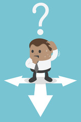 Business Concept Cartoon Illustration African businessman standing and confused by direction signs
