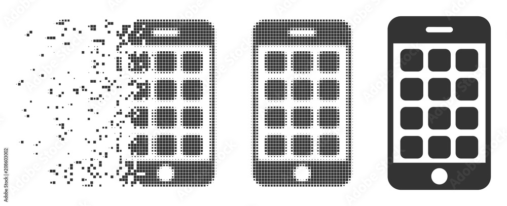 Poster grey vector mobile apps icon in dispersed, dotted halftone and undamaged solid variants. disappearin