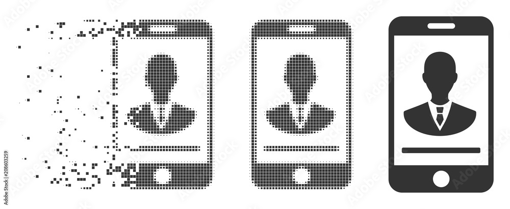 Poster grey vector mobile manager contact icon in dissolved, pixelated halftone and undamaged whole variant