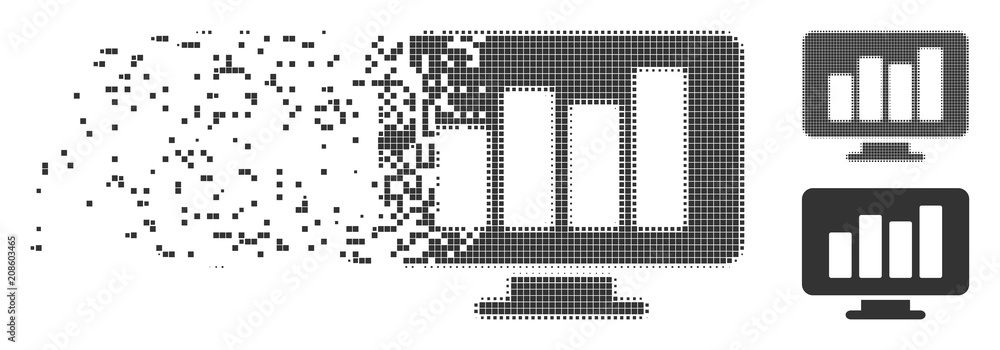 Poster grey vector monitor icon in dissolved, dotted halftone and undamaged solid versions. disappearing ef