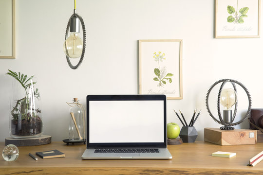 Laptop screen mockup in modern home office interior with wooden desk, books, laptop, plants, poster frames of vintage plants, table lamp, pencils and other office accessories.