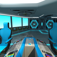 A futuristic ship-cutting project. Command bridge of a spacecraft. Control panel and pallet management units. © Oleg