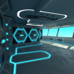 A futuristic ship-cutting project. Command bridge of a spacecraft. Control panel and pallet management units.
