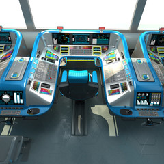 A futuristic ship-cutting project. Command bridge of a spacecraft. Control panel and pallet management units. © Oleg