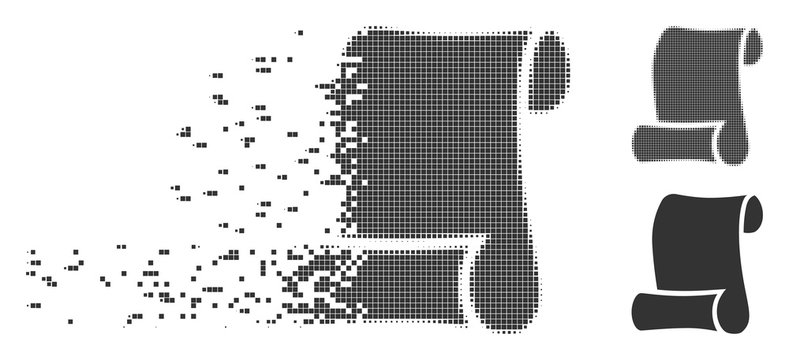 Grey vector paper roll icon in fractured, pixelated halftone and undamaged entire variants. Disintegration effect involves square particles. Pixels are organized into dissipated paper roll shape.