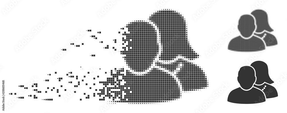 Poster gray vector people icon in fractured, dotted halftone and undamaged whole versions. disintegration e