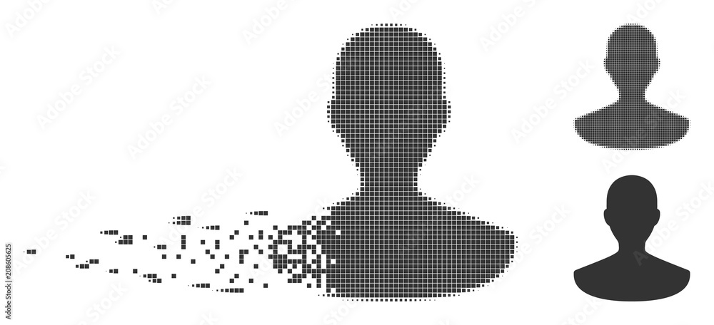 Poster gray vector person icon in dissolved, dotted halftone and undamaged entire versions. disappearing ef