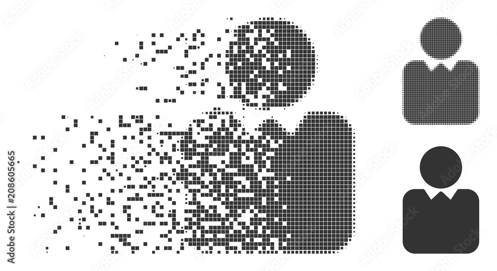 Poster grey vector person icon in fractured, dotted halftone and undamaged entire variants. disappearing ef