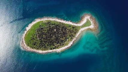 Top aerial view of small desert fish shaped island Gaz in Brijuni islands, Istria, Croatia.