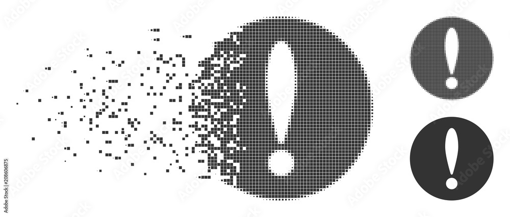 Poster gray vector problem icon in fractured, pixelated halftone and undamaged whole versions. disappearing