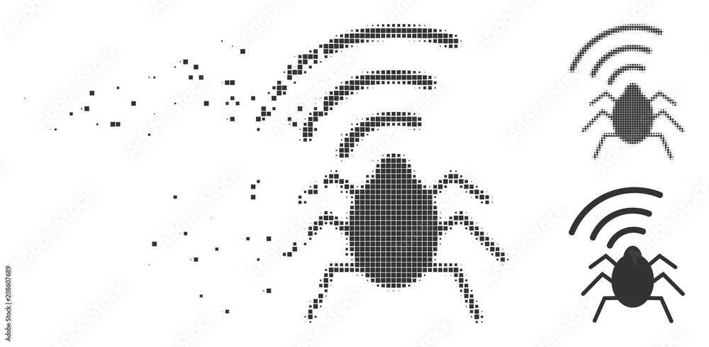 Poster grey vector radio bug icon in fractured, pixelated halftone and undamaged solid variants. disintegra